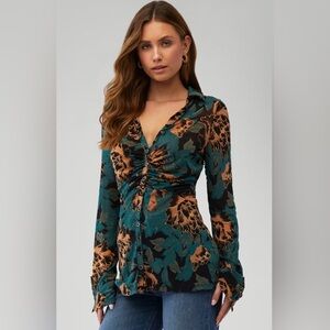 Free People Lucky Shirtee Teal Mesh Floral Button-Up Large Long Sleeve Top